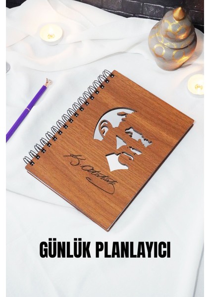 Günlük Planlama Defteri-Mustafa Kemal Atatürk Ahşap Kapak Plan Defteri - Tarihsiz Ajanda (Ceviz) A5