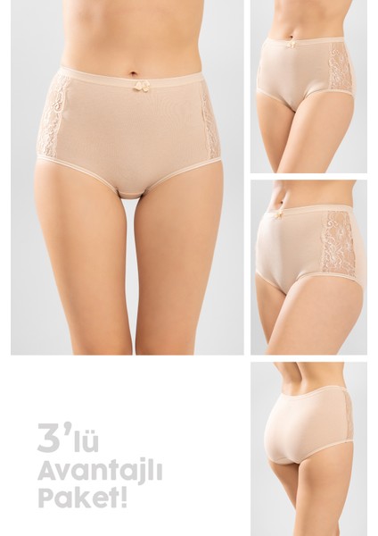 Kadın Yanları Dantel Bato Külot 3'lü Set 8872 Ten Rengi