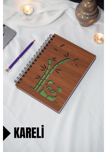 Panda Temalı Ahşap Kapaklı Defter - Kareli Defter - Ajanda - Okul Defteri (A5 - 120 Sayfa)