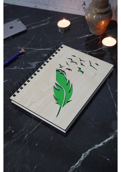 Kuş Tüy Desenli Ahşap Defter - Ajanda - Günlük - Çizgisiz Defter - A5 Notebook - Okul Defteri