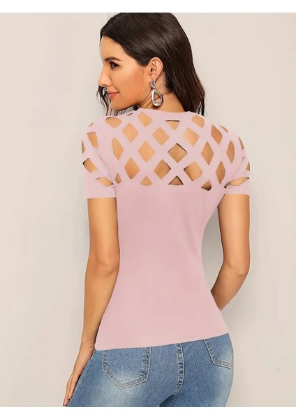 Kadın Kısa Kollu Baklava Desen Lazer Kesim Ithal Krep Bluz modelleri