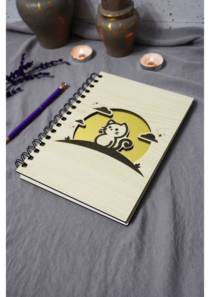 Kedi Desenli Ahşap Kapaklı Defter - Çizgisiz Defter - Günlük - Ajanda-Hediyelik-A5 Anı Defteri