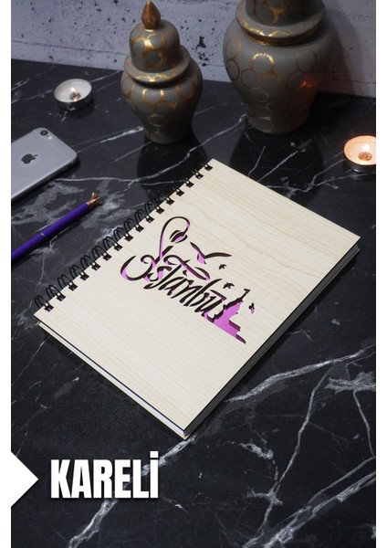 Istanbul Temalı Ahşap Kapaklı Defter - Kareli Defter - Ajanda - Okul Defteri (A5 - 120 Sayfa)