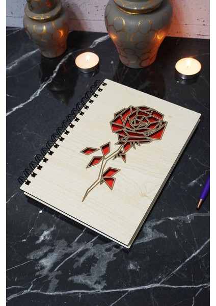 Gül Desenli Ahşap Kapaklı Defter - Çizgisiz Defter - Günlük - Ajanda- A5 Anı Defteri
