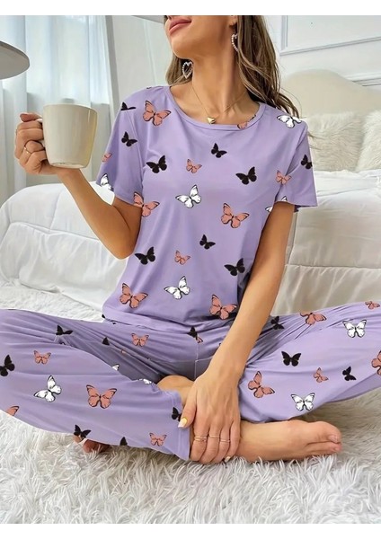 Kadın Kısa Kollu Bisiklet Yaka Kelebek Baskılı Süprem Ikili Takım fiyatları