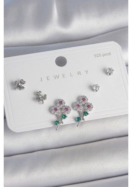 Pirinç Gümüş Renk Renkli Zirkon Taşlı Çiçek Model Yaprak Detay 925 Ayar Gümüş Çivi Kadın Küpe Seti - Lisinya