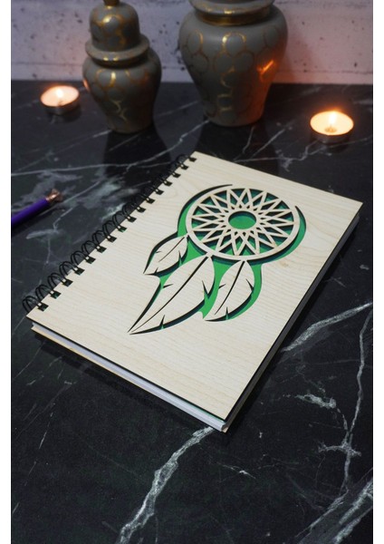 Rüya Kapanı Desenli Ahşap Kapaklı Defter - Ajanda - Günlük - Çizgisiz Defter - Not Defteri