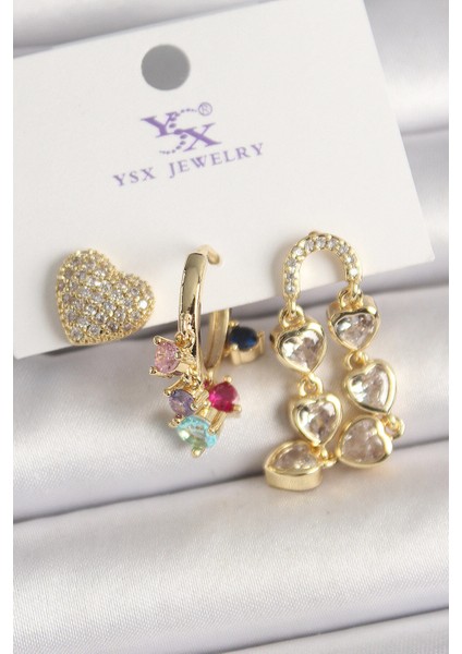 Pirinç Gold Renk Sallantı Zirkon Taşlı Kalp Model 3'lü Kadın Kombin Küpe - Lisinya