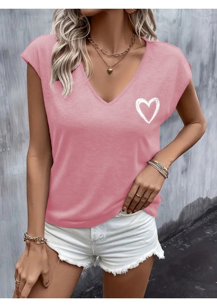 Kadın Kısa Kollu V Yakalı Kalp Baskılı Viskon Bluz