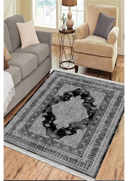 Siyah Kaymaz Tabanlı Halı Makinede Yıkanabilir Kilim Dot Tabanlı Salon Halısı 3001E