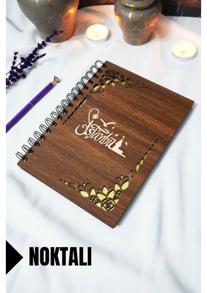 Istanbul Ahşap Kapaklı Spiralli Okul Defteri - Noktalı Defter - 60 Yaprak (120 Sayfa) - A5 15X21 cm
