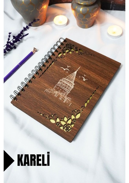 Galata Kulesi Ahşap Kapaklı Spiralli Defter - Kareli Defter - 60 Yaprak (120 Sayfa) - A5 15X21 cm