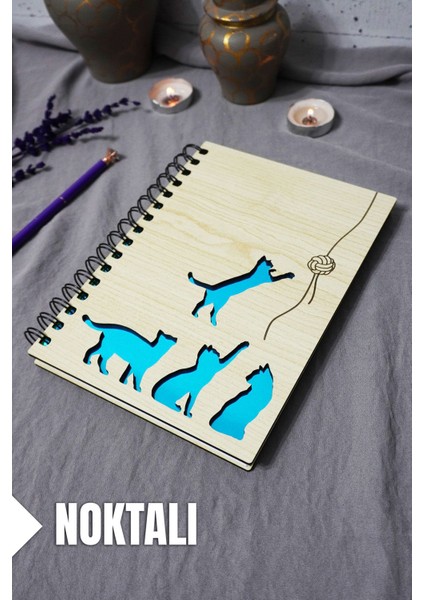 Kedi Desenli Ahşap Kapaklı Defter - Noktalı Defter - Ajanda - Okul Defteri (A5 - 120 Sayfa)