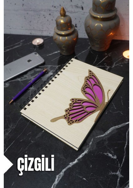 Kelebek Temalı Ahşap Kapaklı Defter - Çizgili Defter - Ajanda - Okul Defteri (A5 - 120 Sayfa)