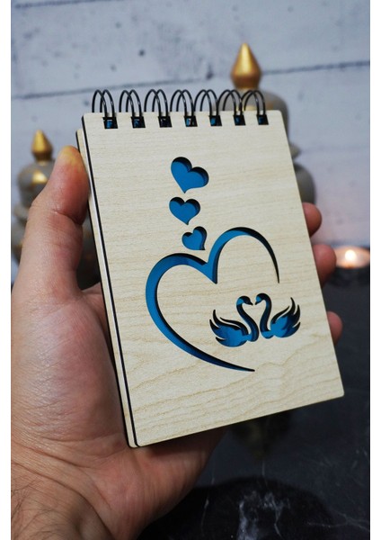 Kuğu Aşk Temalı Ahşap Kapaklı Not Defteri - Mini Defter - Cep Defteri - Benim Listem