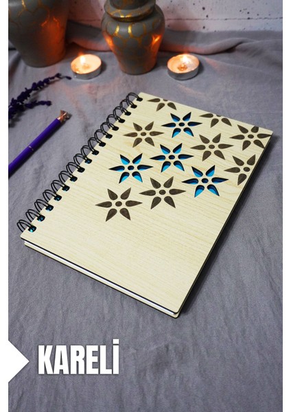 Çiçek Desenli Ahşap Kapaklı Defter - Kareli Defter - Ajanda - Okul Defteri (A5 - 120 Sayfa)