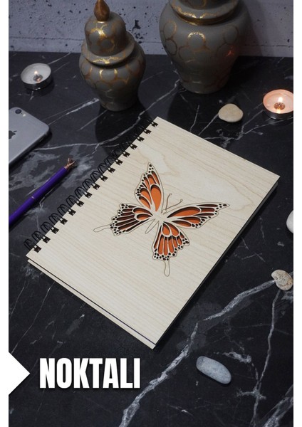 Kelebek Temalı Ahşap Kapaklı Defter - Noktalı Defter - Ajanda - Okul Defteri (A5 - 120 Sayfa)