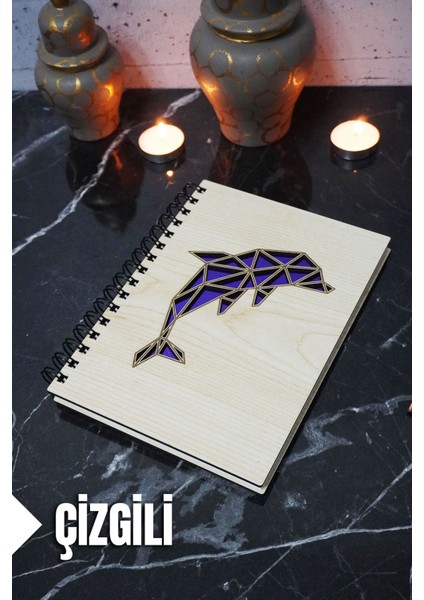 Yunus Balığı Temalı Ahşap Kapaklı Defter - Çizgili Defter - Ajanda - Okul Defteri (A5 - 120 Sayfa)