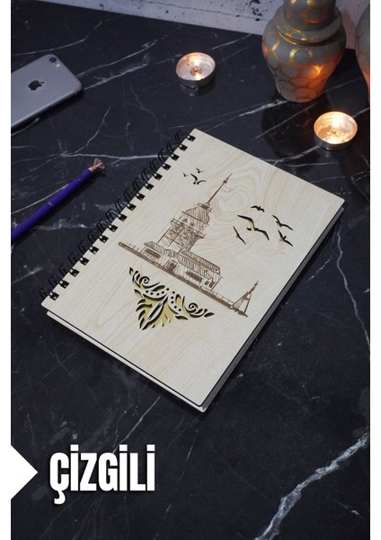 Kız Kulesi Temalı Ahşap Kapaklı Defter - Çizgili Defter - Ajanda - Okul Defteri (A5 - 120 Sayfa)