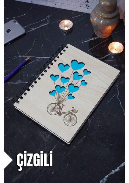 Bisiklet Balon Temalı Ahşap Kapaklı Defter - Çizgili Defter - Ajanda - Okul Defteri (A5 - 120 Sayfa)