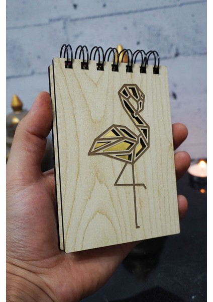 Flamingo Figürlü Ahşap Kapaklı Not Defteri - Mini Defter - Cep Defteri - Benim Listem
