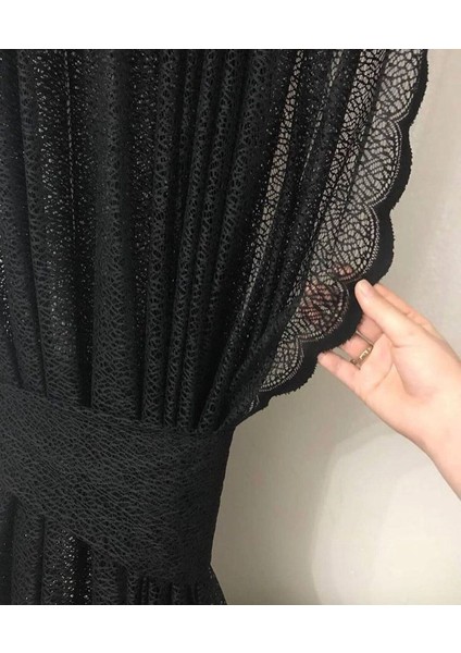 2 Kanat Renkli Siyah Petek Desen Bağcıklı Tül Fon Perde 2 Kanat