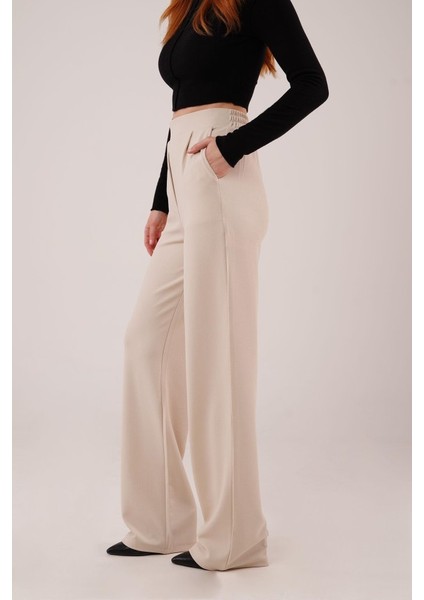 Yüksek Bel Bol Paça Krep Krem Pantolon fırsatları