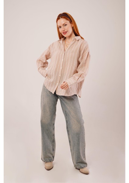 Kol Düğmeli Çizgili Bej Gömlek fiyatları