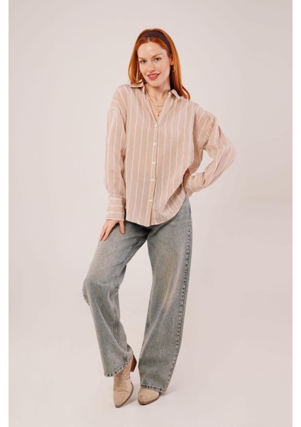 Kol Düğmeli Çizgili Bej Gömlek fırsatları