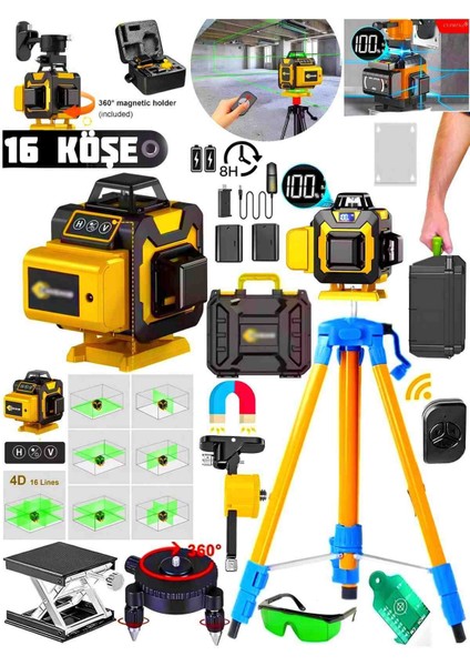 360° 4d 16 Çizgi Hizalama Lazer Metre Terazi Göstergeli Kendinden Tesviyeli Alet, Yatay ve Dikey