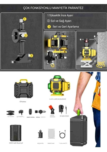 360° 4d 16 Çizgi Hizalama Lazer Metre Terazi Göstergeli Kendinden Tesviyeli Alet, Yatay ve Dikey modelleri