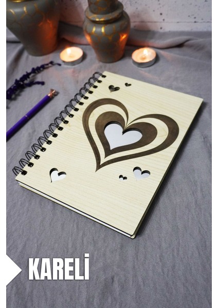 Kalp Desenli Ahşap Kapaklı Defter - Kareli Defter - Ajanda - Okul Defteri (A5 - 120 Sayfa)