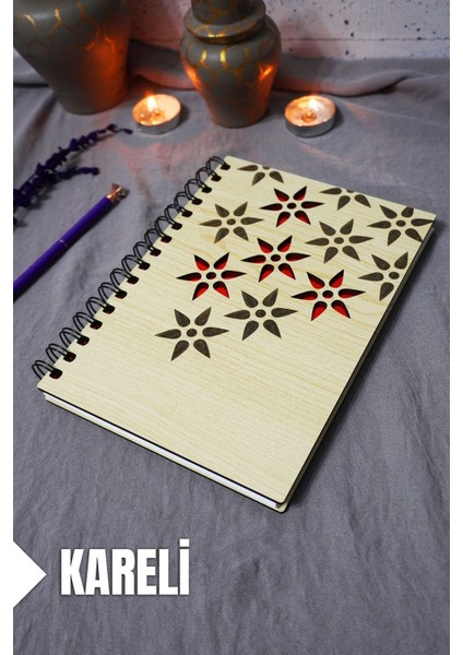 Çiçek Desenli Ahşap Kapaklı Defter - Kareli Defter - Ajanda - Okul Defteri (A5 - 120 Sayfa)