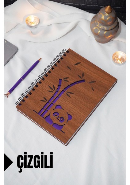 Panda Temalı Ahşap Kapaklı Defter - Çizgili Defter - Ajanda - Okul Defteri (A5 - 120 Sayfa)