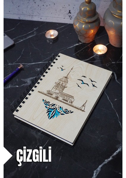 Kız Kulesi Temalı Ahşap Kapaklı Defter - Çizgili Defter - Ajanda - Okul Defteri (A5 - 120 Sayfa)