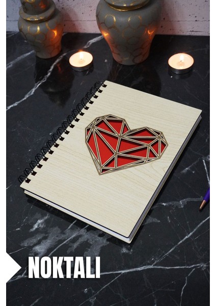 Kalp Temalı Ahşap Kapaklı Defter - Noktalı Defter - Ajanda - Okul Defteri (A5 - 120 Sayfa)