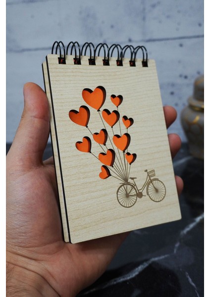 Bisiklet Balon Temalı Ahşap Kapaklı Not Defteri - Mini Defter - Cep Defteri - Benim Listem