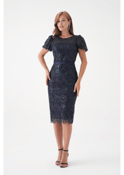 Full Boncuklu Kalem Elbise - Lacivert