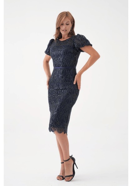 Full Boncuklu Kalem Elbise - Lacivert fiyatları