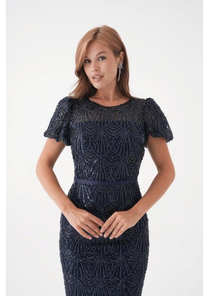 Full Boncuklu Kalem Elbise - Lacivert modelleri