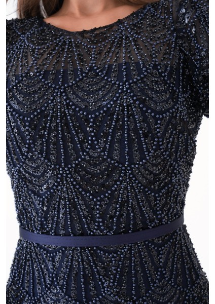 Full Boncuklu Kalem Elbise - Lacivert fırsatları