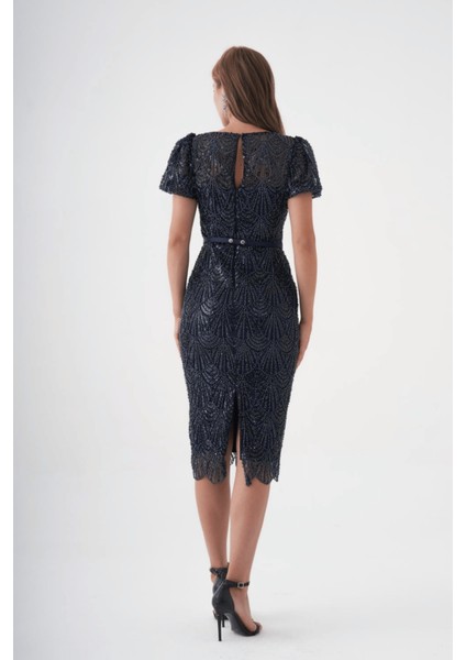 Full Boncuklu Kalem Elbise - Lacivert indirimleri