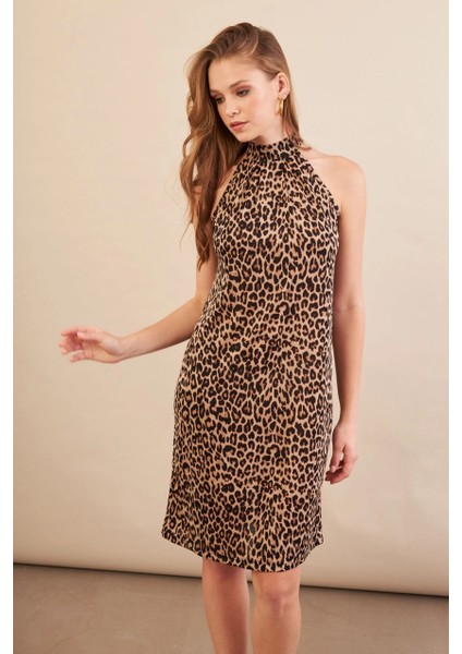 Kadın Camel-Siyah Halter Yaka Leopar Midi Elbise LPP1309