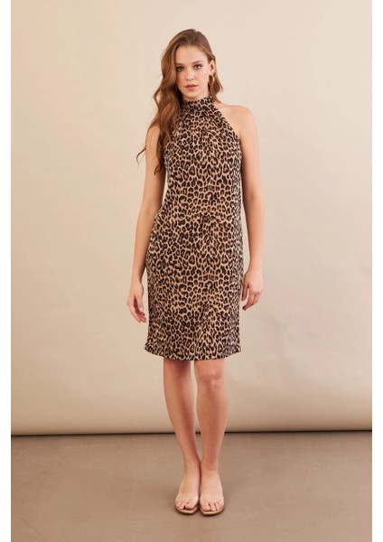 Kadın Camel-Siyah Halter Yaka Leopar Midi Elbise LPP1309 fiyatları