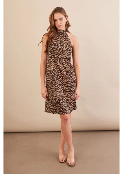 Kadın Camel-Siyah Halter Yaka Leopar Midi Elbise LPP1309 fırsatları