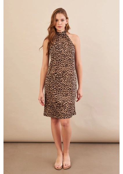 Kadın Camel-Siyah Halter Yaka Leopar Midi Elbise LPP1309 indirimleri