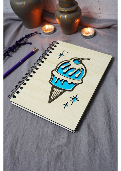 Dondurma Desenli Ahşap Kapaklı Defter - Çizgisiz Defter - Günlük - Ajanda-Hediyelik-A5 Anı Defteri