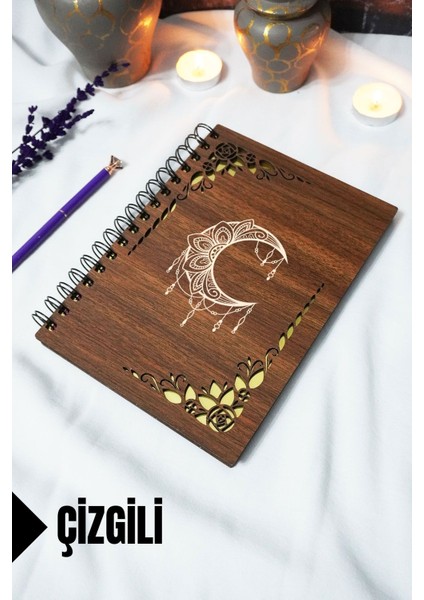 Ay Mandala Ahşap Kapaklı Spiralli Defter - Çizgili Defter - 60 Yaprak (120 Sayfa) Ramazan Defteri