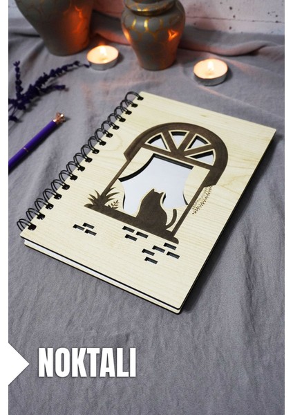 Kedi Desenli Ahşap Kapaklı Defter - Noktalı Defter - Ajanda - Okul Defteri (A5 - 120 Sayfa)