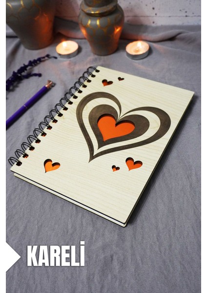 Kalp Desenli Ahşap Kapaklı Defter - Kareli Defter - Ajanda - Okul Defteri (A5 - 120 Sayfa)